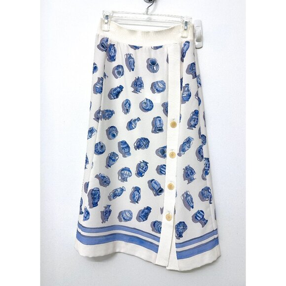 NWT Altuzarra Vase Pottery Print Midi Skirt Blue White Stripe Button Down FR 40 - Picture 1 of 10